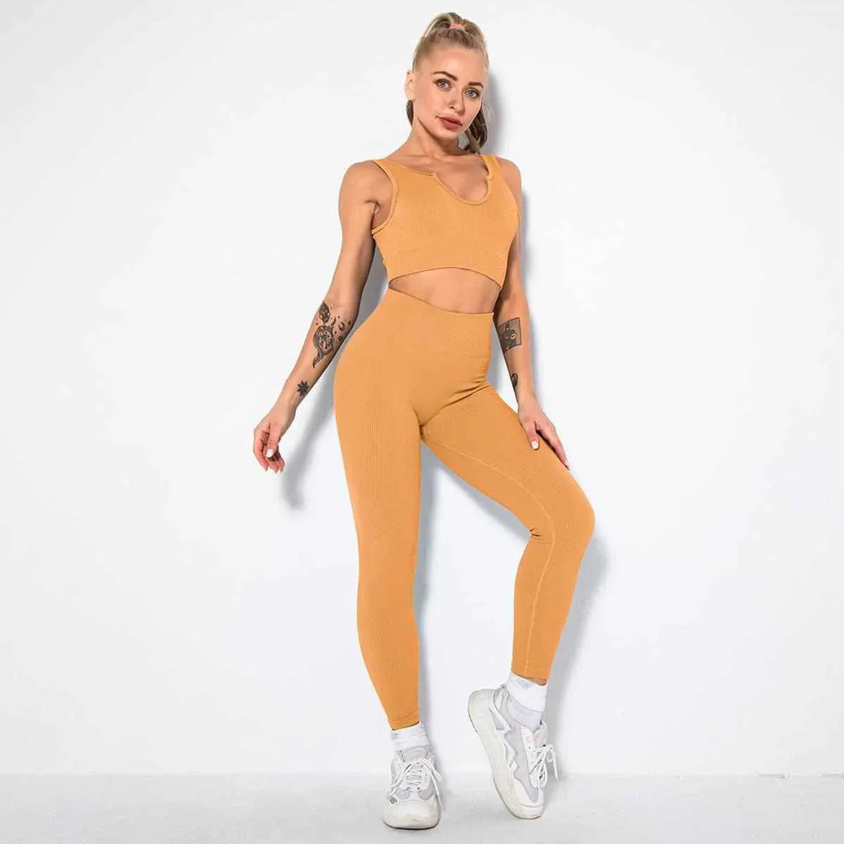 Seamless Sexy 2 Piece Active Wear Set - Women's U V Neck Gym Leggings & Top for Yoga & Fitness