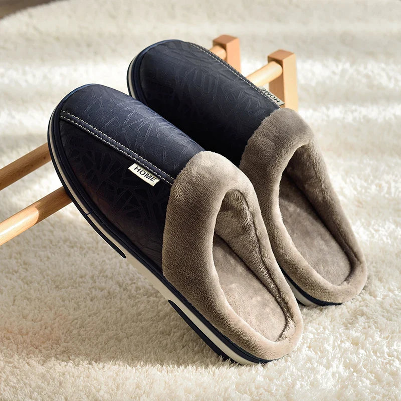 Men's Big Size Winter Slippers Home PU Leather Shoes for Men Indoor Waterproof Fur Cotton Male Bedroom Slipper Flat Houseshoes