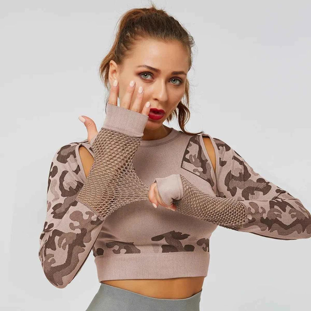 Summer Long Sleeve Crop Top Women Fitness Gym Yoga Sports Camouflage Seamless Breathable Yoga Top