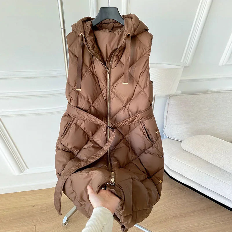 Luxury Women's Sleeveless down Vest Winter Warm Hooded Zipper Long Jacket with Belt Fashion Outerwear