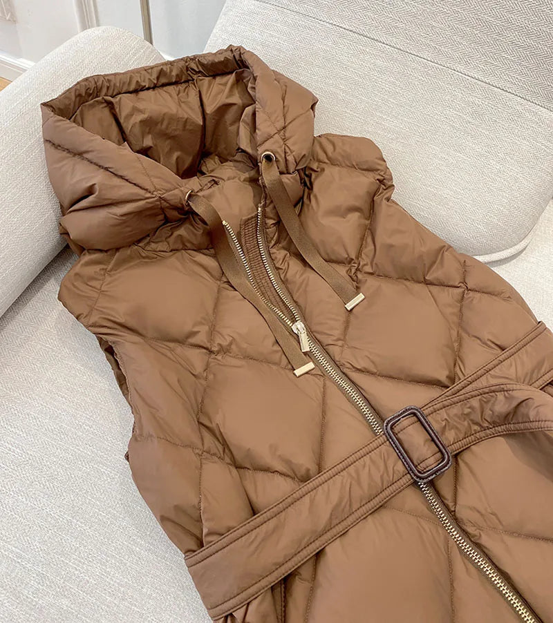 Luxury Women's Sleeveless down Vest Winter Warm Hooded Zipper Long Jacket with Belt Fashion Outerwear