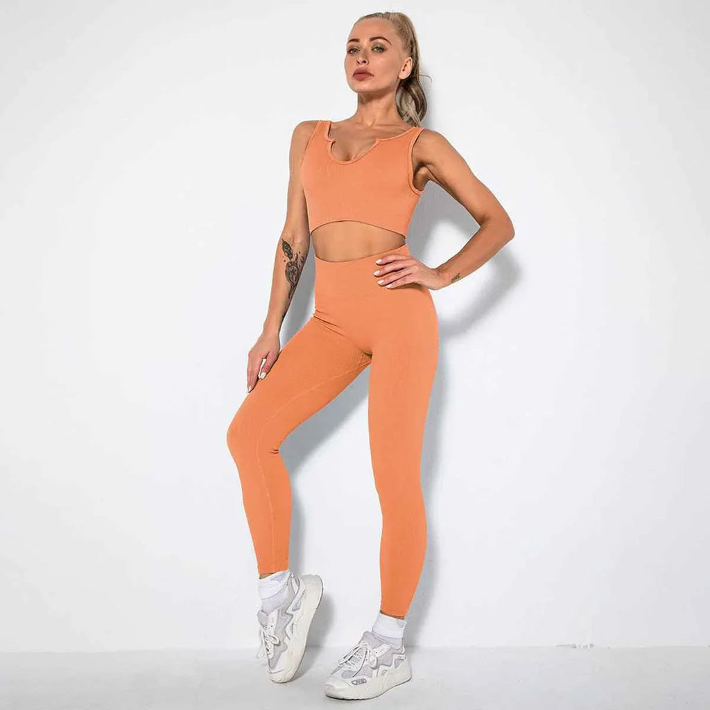 Seamless Sexy 2 Piece Active Wear Set - Women's U V Neck Gym Leggings & Top for Yoga & Fitness