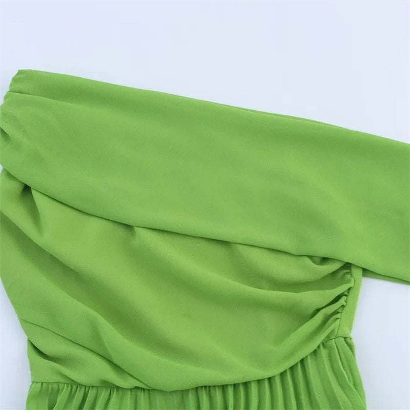 Oblique Shoulder Midi Dress - Elegant A-Line Pleated Dress for Women