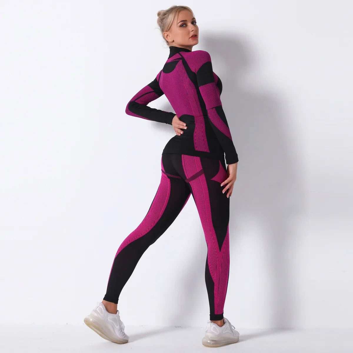 Breathable Yoga Workout Long Sleeve Shirt Leggings Set Gym Sports Fitness Striped Pants Suit For Women