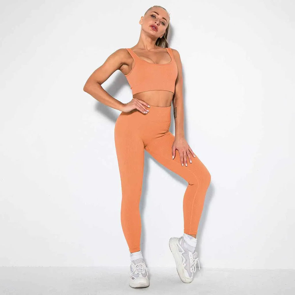Seamless Sexy 2 Piece Active Wear Set - Women's U V Neck Gym Leggings & Top for Yoga & Fitness