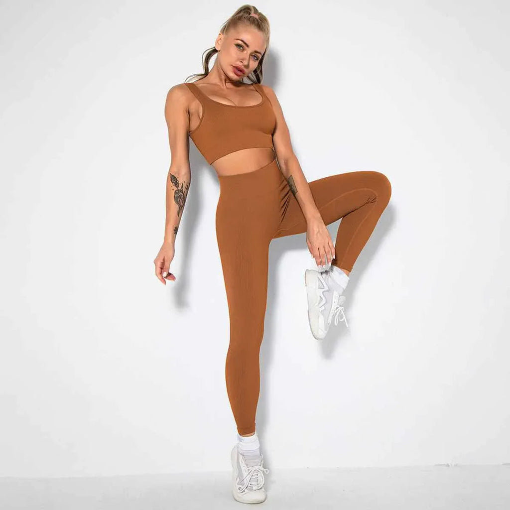 Seamless Sexy 2 Piece Active Wear Set - Women's U V Neck Gym Leggings & Top for Yoga & Fitness