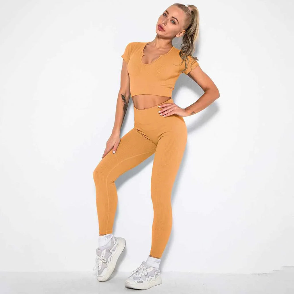 Seamless Sexy 2 Piece Active Wear Set - Women's U V Neck Gym Leggings & Top for Yoga & Fitness