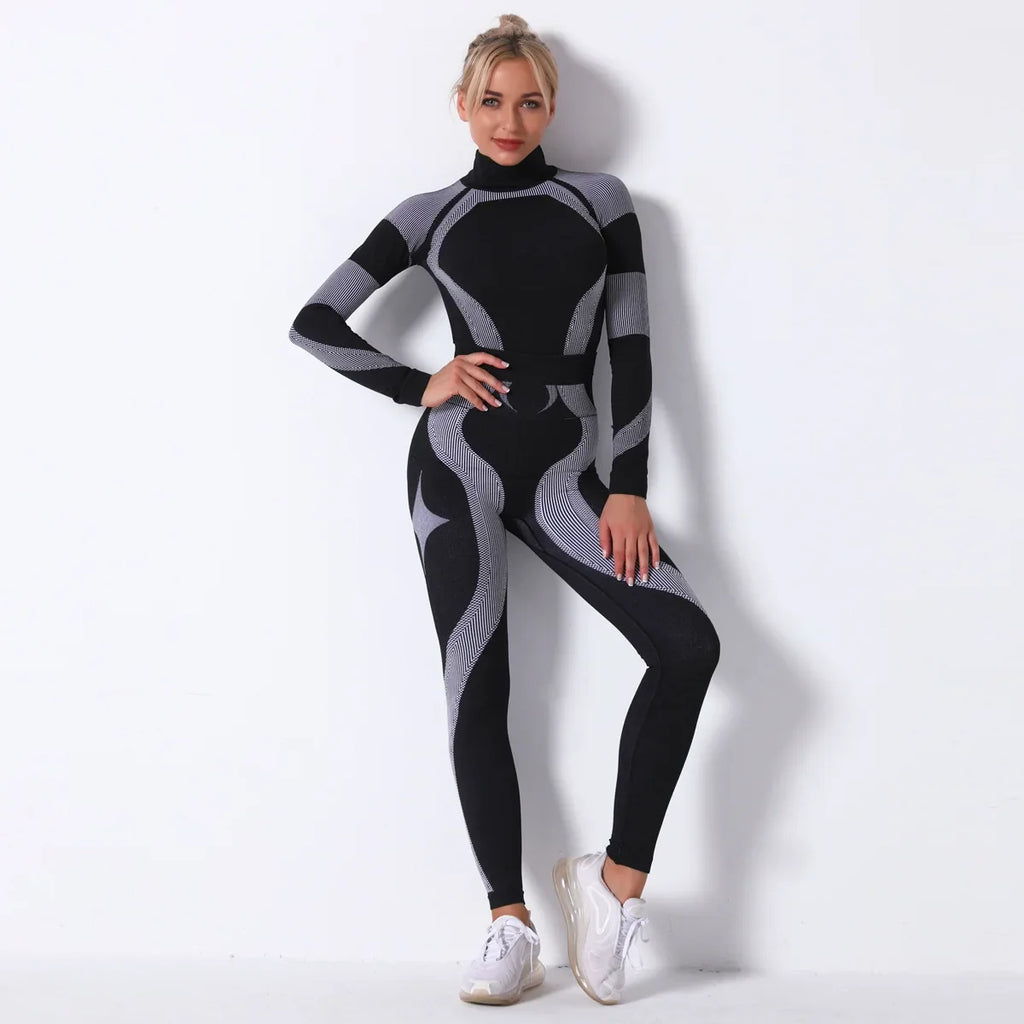 Breathable Yoga Workout Long Sleeve Shirt Leggings Set Gym Sports Fitness Striped Pants Suit For Women