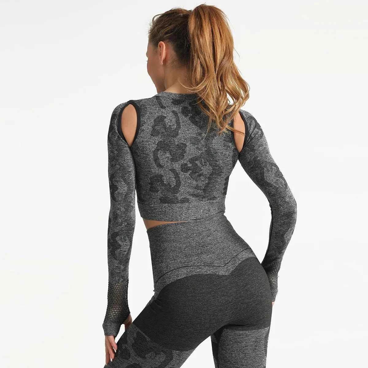 Summer Long Sleeve Crop Top Women Fitness Gym Yoga Sports Camouflage Seamless Breathable Yoga Top