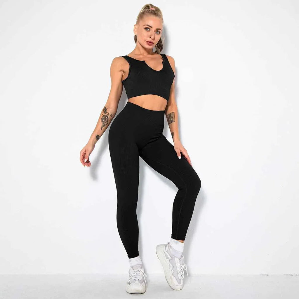 Seamless Sexy 2 Piece Active Wear Set - Women's U V Neck Gym Leggings & Top for Yoga & Fitness