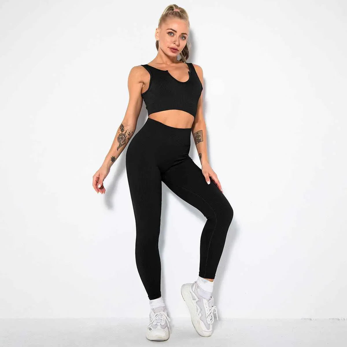 Seamless Sexy 2 Piece Active Wear Set - Women's U V Neck Gym Leggings & Top for Yoga & Fitness