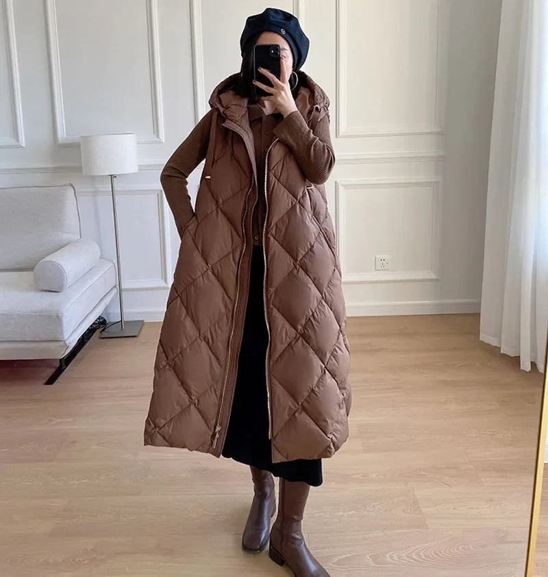 Luxury Women's Sleeveless down Vest Winter Warm Hooded Zipper Long Jacket with Belt Fashion Outerwear