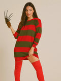 Ladies Horror Freddy Krueger Style Halloween Red Green Stripe Knitted Jumper Dress Top