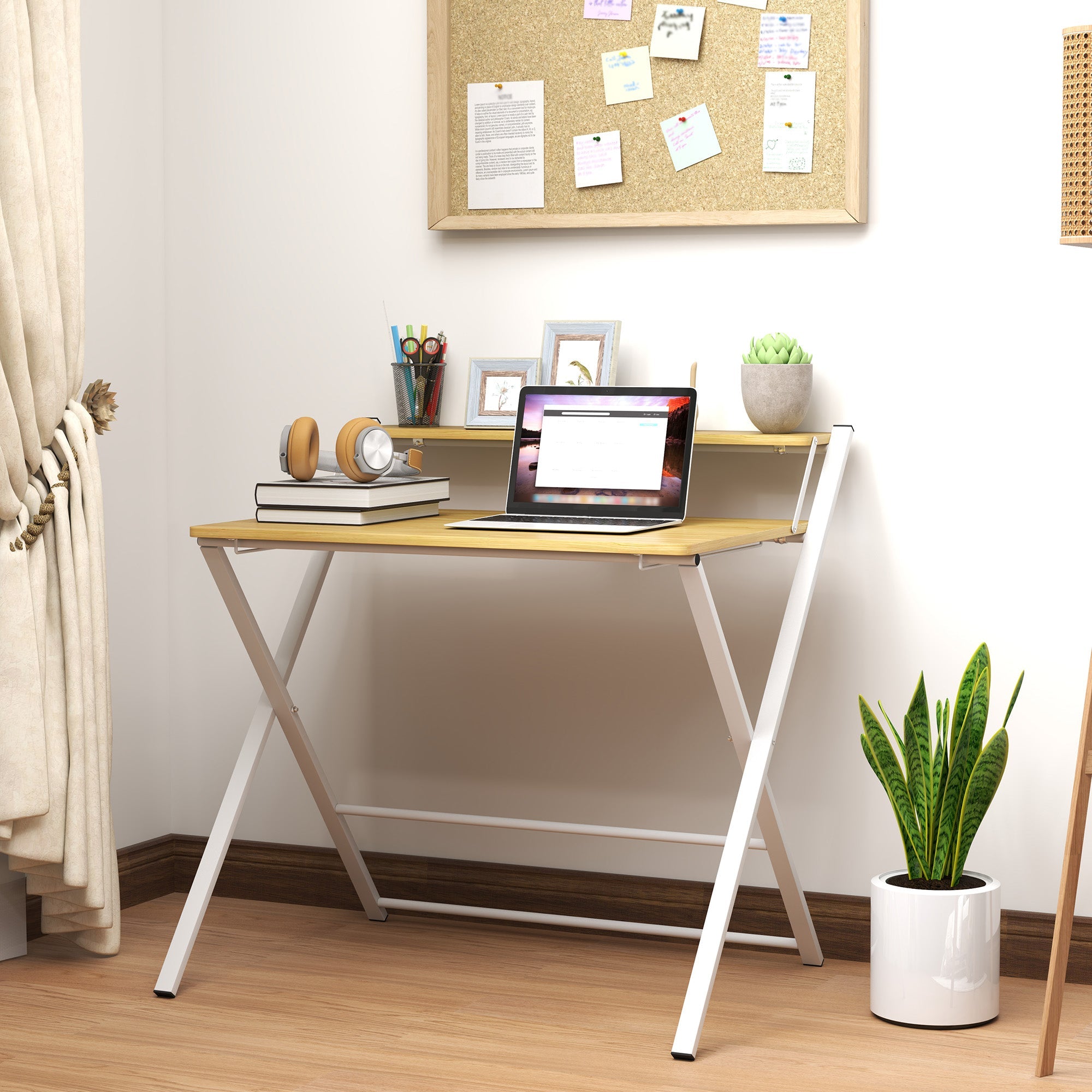 HOMCOM Folding Desk with 2-Tier Shelf for Home Office, Maple Wood-effect