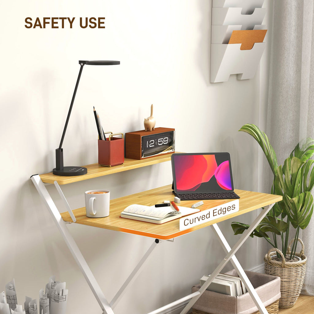 HOMCOM Folding Desk with 2-Tier Shelf for Home Office, Maple Wood-effect