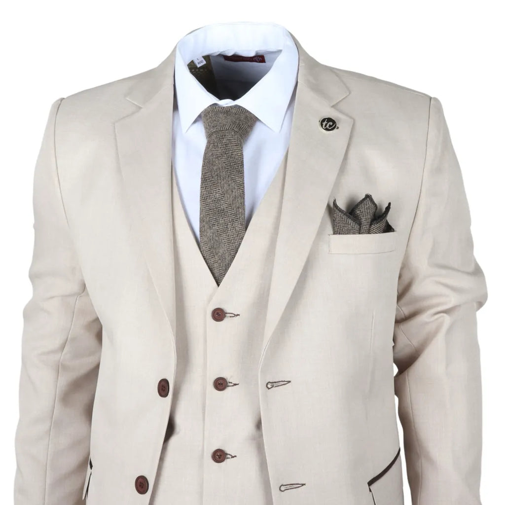 IM04 - Men's Beige 3 Piece Tailored Fit Wedding Suit