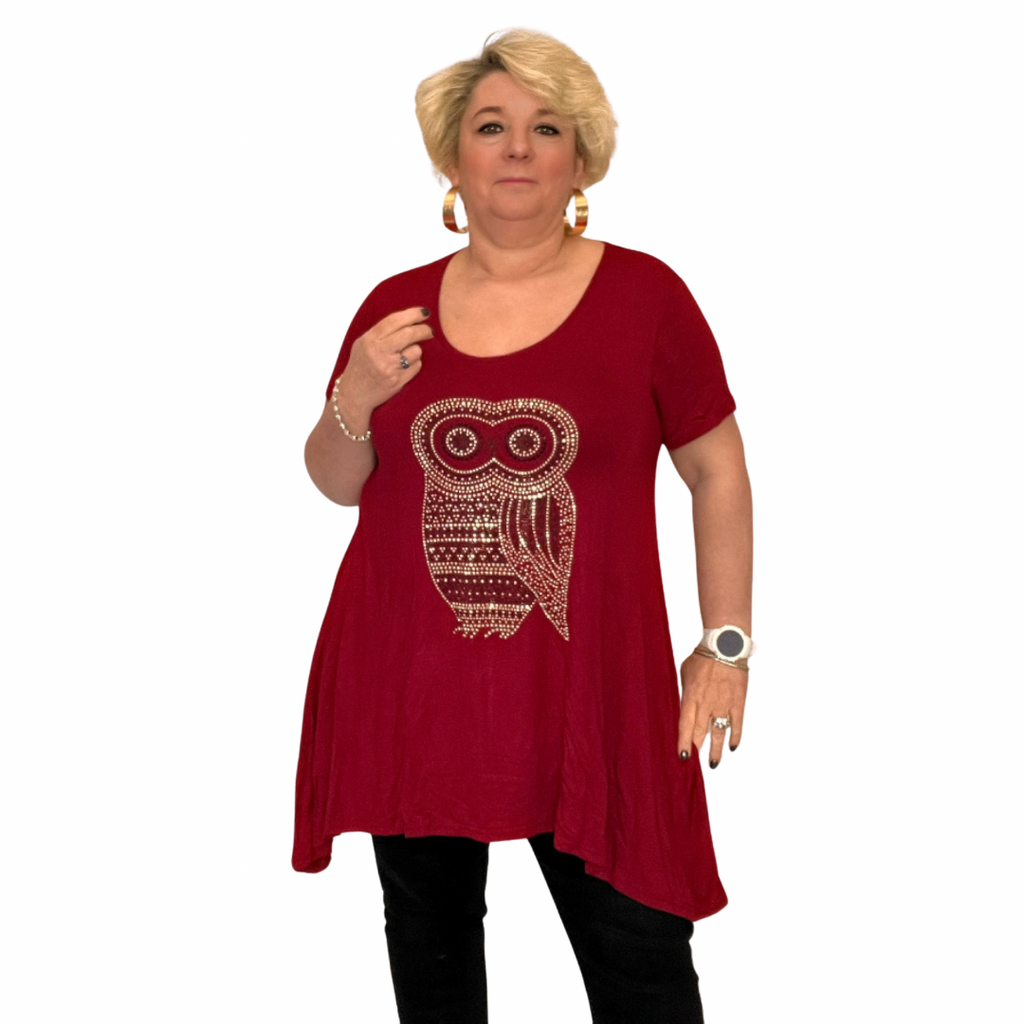 ROCKTHOSECURVES SHORT SLEEVE HANKY HEM STUDDED OWL LONG LENGTH TOP