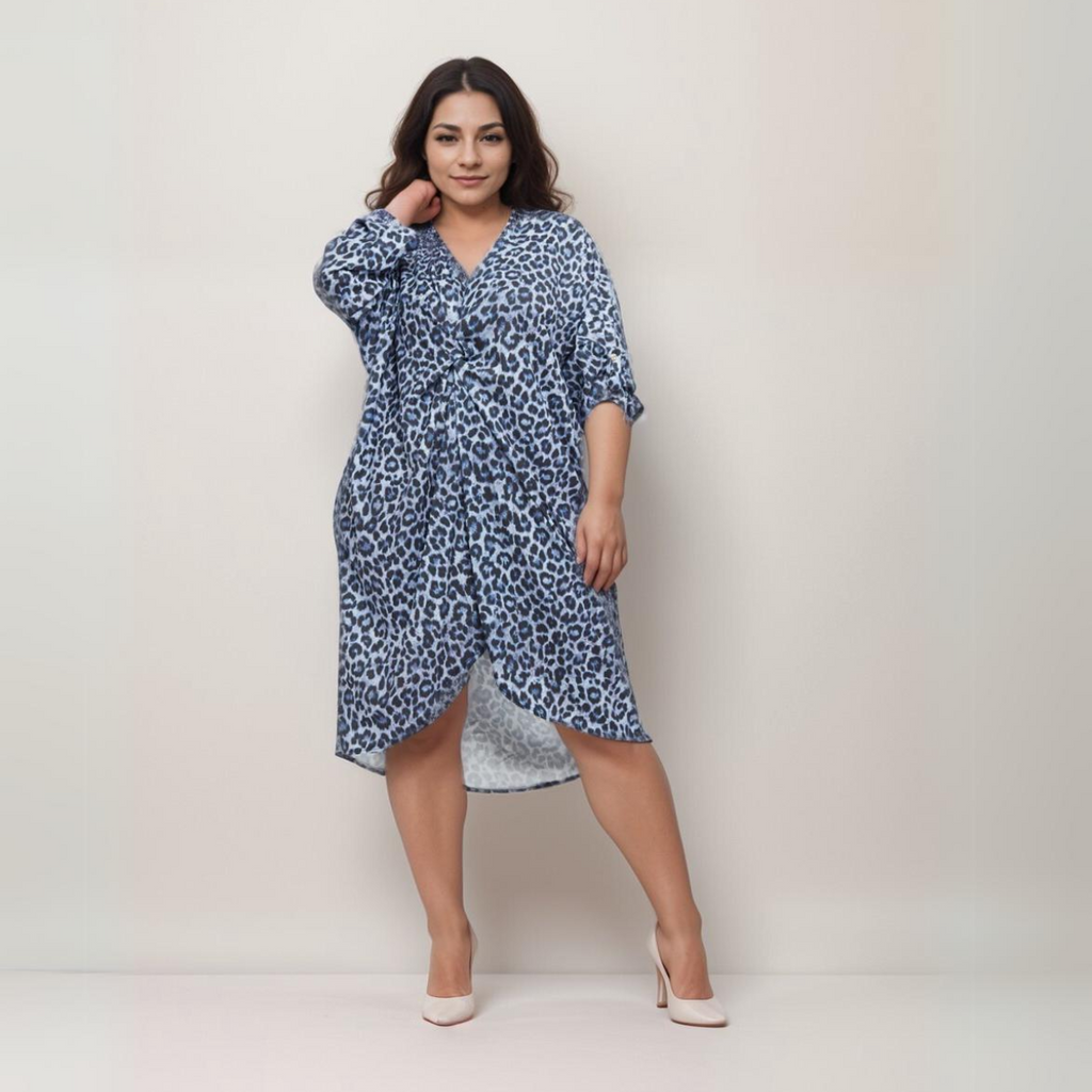 Leopard Print Loose Fitting V-Neck Knot Front Dress