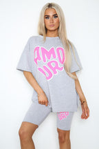 Amour Side Slit Cycling Short and T-Shirts Co-Ord Two Piece Set with Front Amour Slogan
