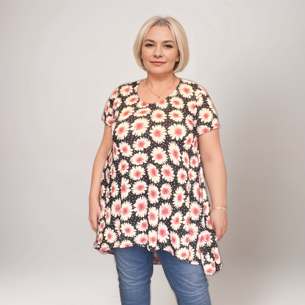 Daisy Print Swing Top with Hanky Hem