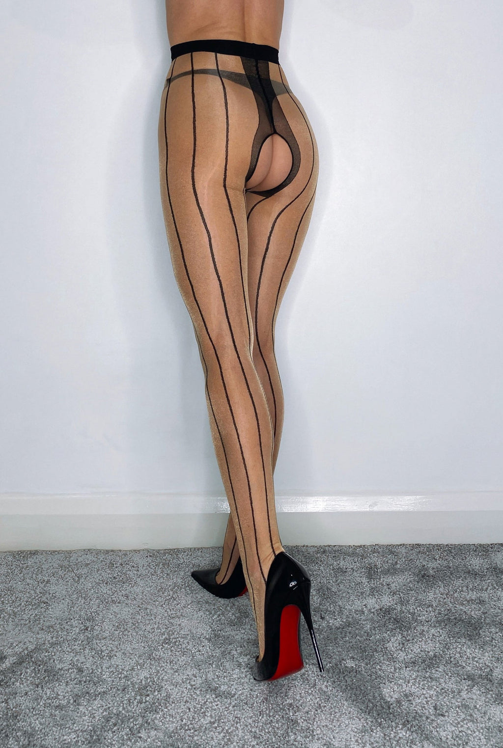 Tan Striped 5 Denier Crotchless Tights