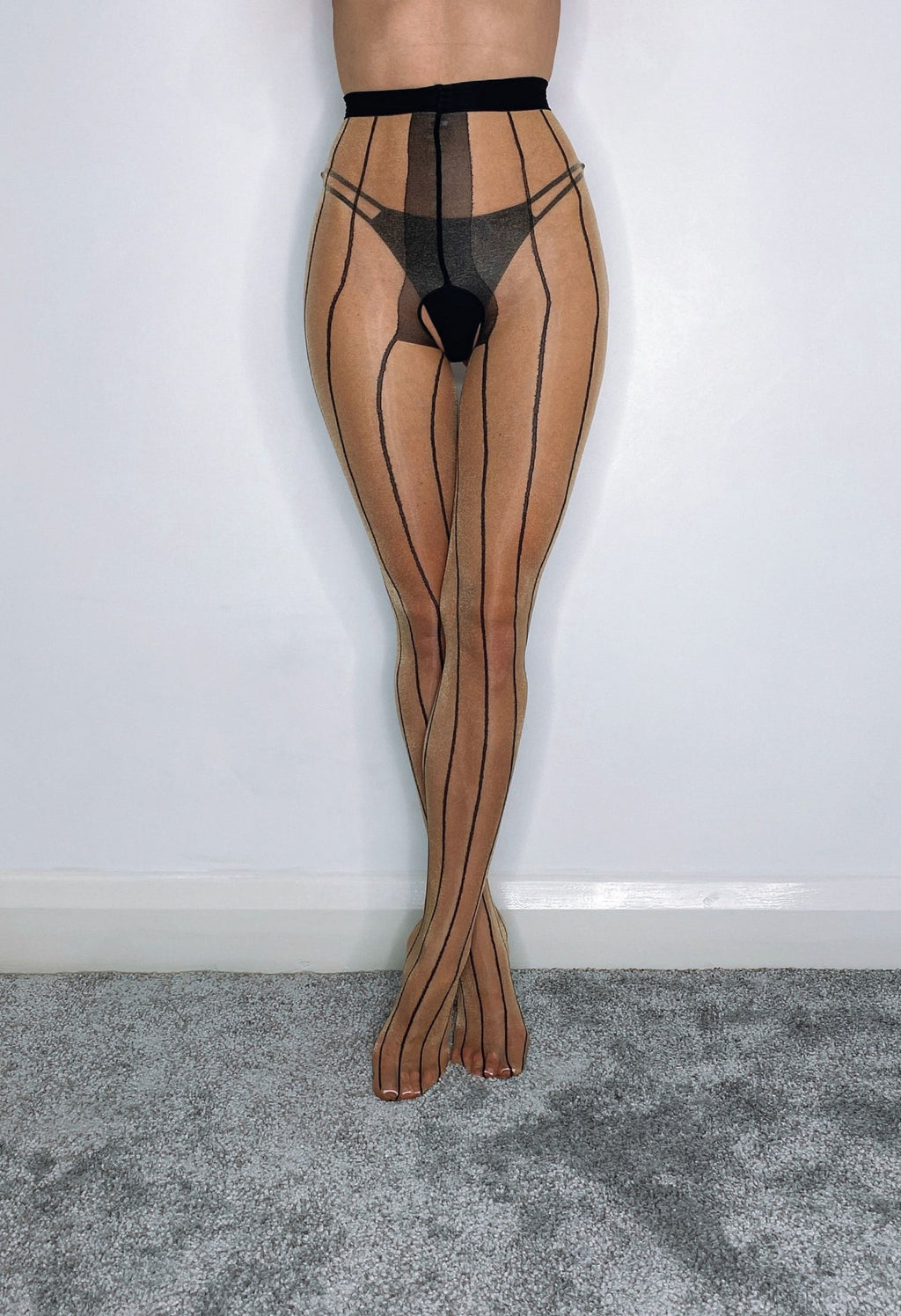 Tan Striped 5 Denier Crotchless Tights