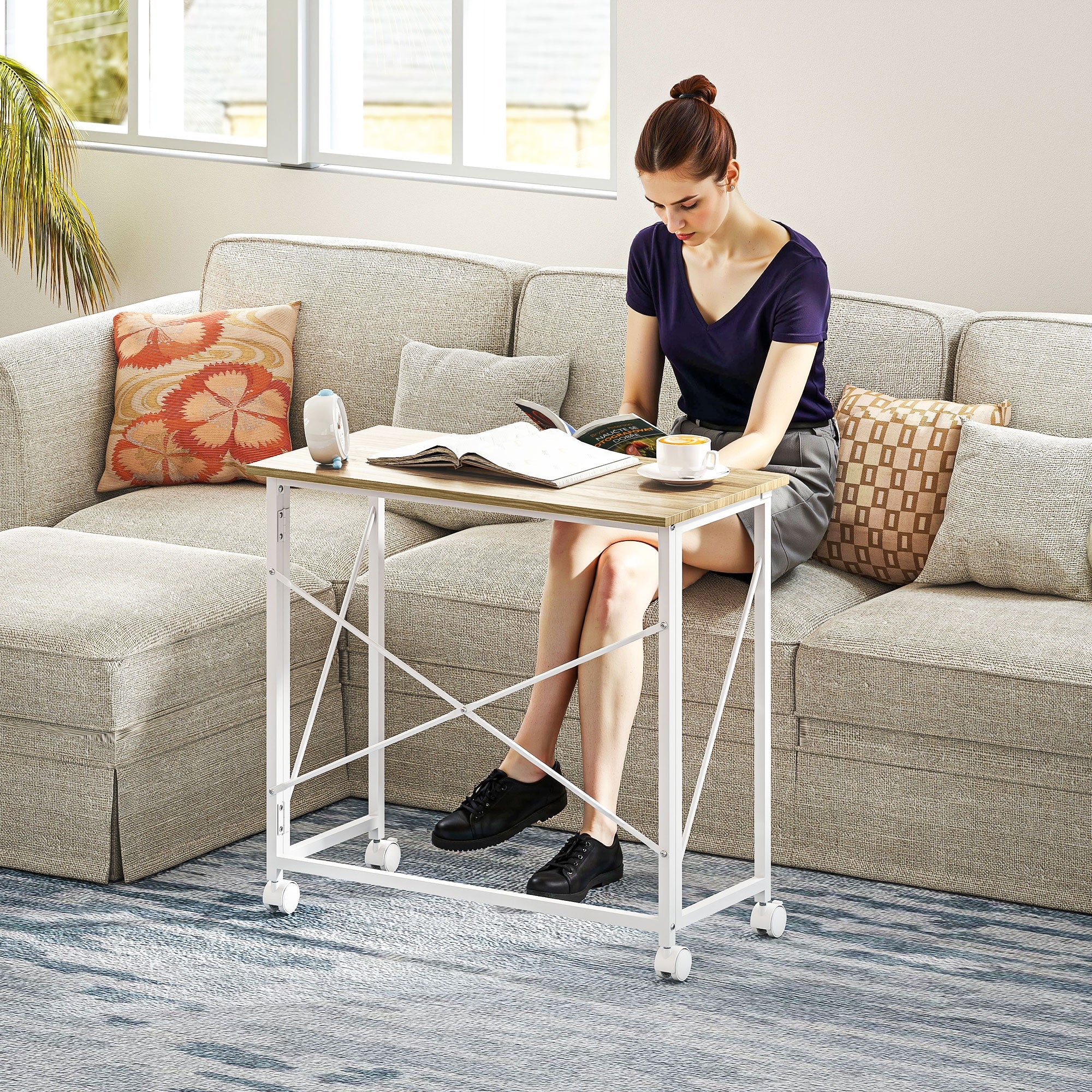 HOMCOM 80 cm Folding Desk on Wheels - Natural Tone