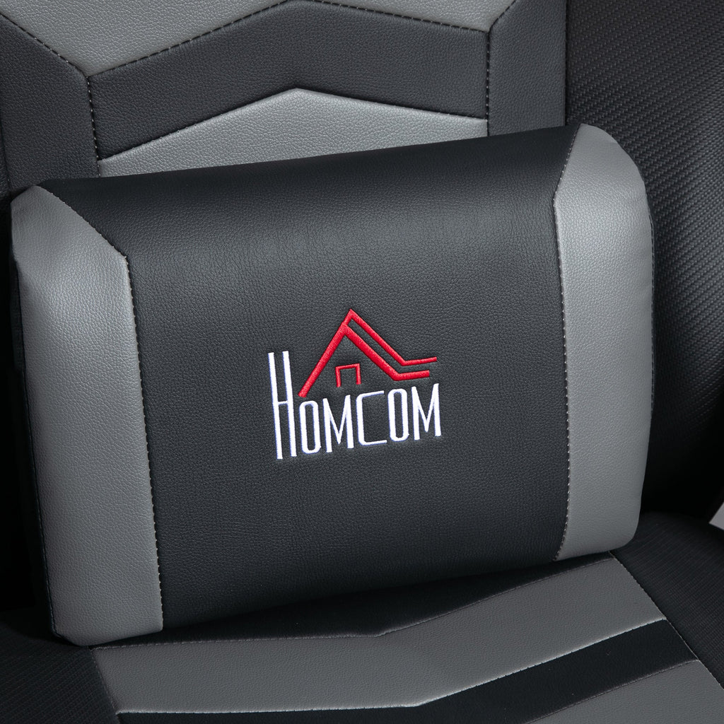 HOMCOM Massage Recliner Chair with Remote, PU Leather Recliner Armchair with Cup Holders and Side Pockets, Racing Style Reclining Chair with Headrest, 360° Swivel, Lumbar Support, Grey