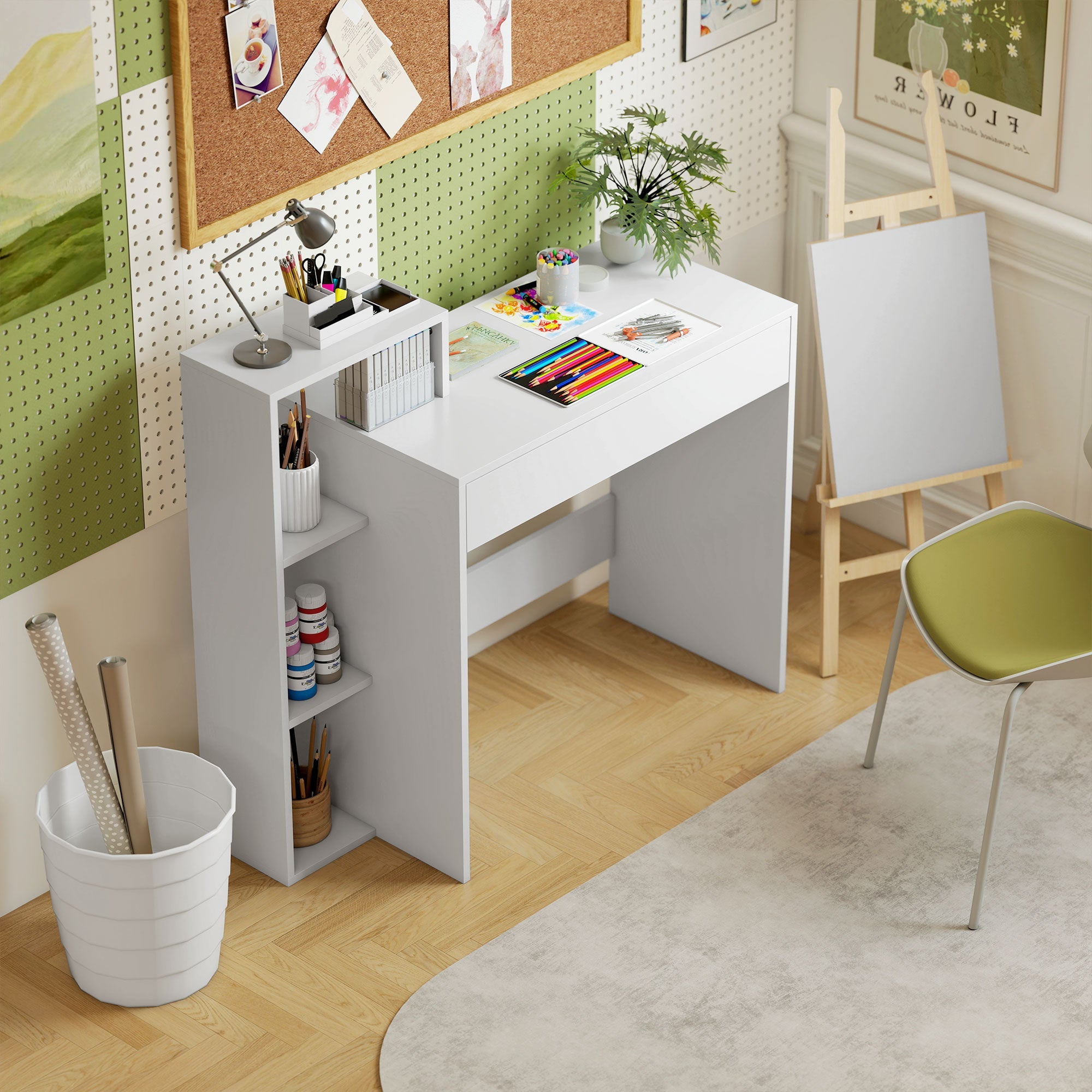 HOMCOM Desk with Storage, Computer Desk with 3 Open Shelves and Drawer, Workstation, Computer Table, White