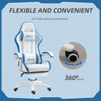 Vinsetto Computer Gaming Chair, PU Leather Desk Chair with Footrest, Swivel Task Chair with 135\'c2\'b0 Reclining Back and Lumbar Support, PC Chair for Adults, White and Blue