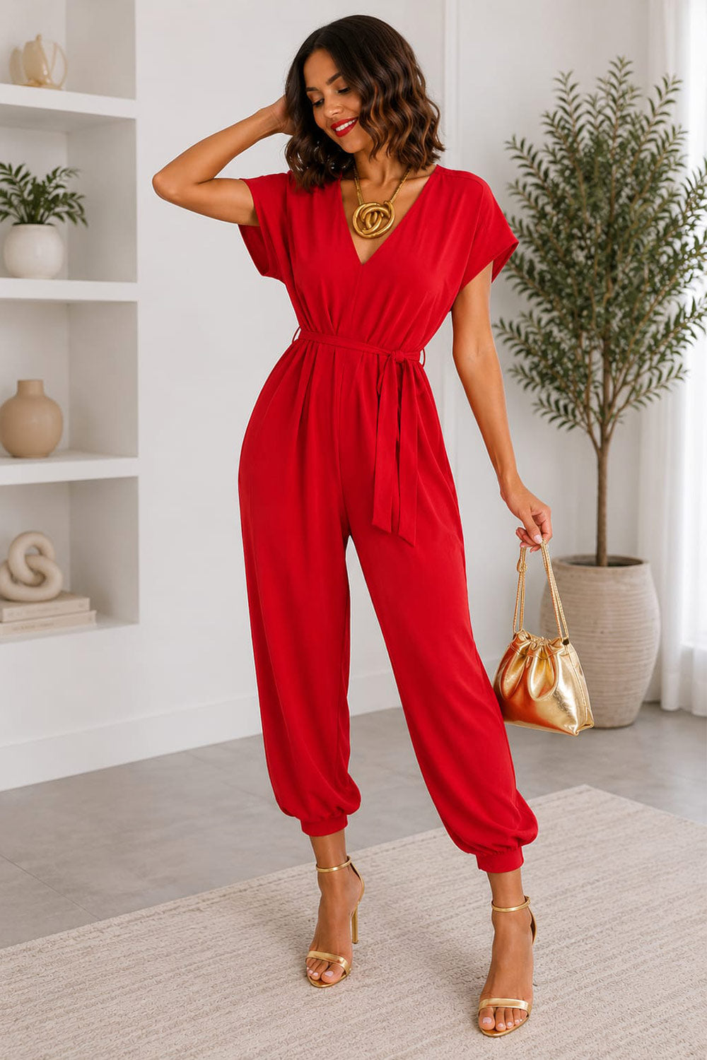 Ladies V Neck Tie Up Jumpsuit