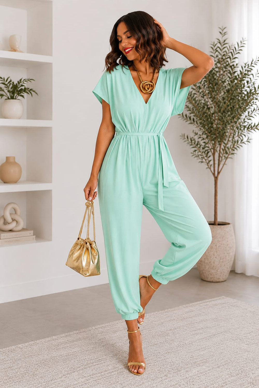 Ladies V Neck Tie Up Jumpsuit