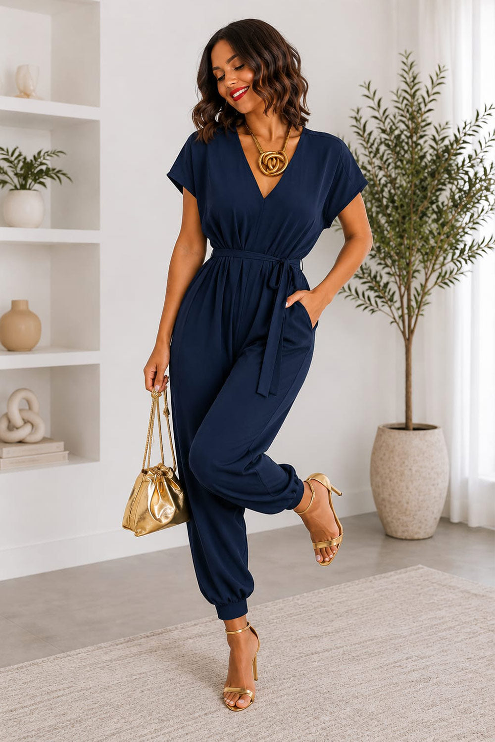 Ladies V Neck Tie Up Jumpsuit