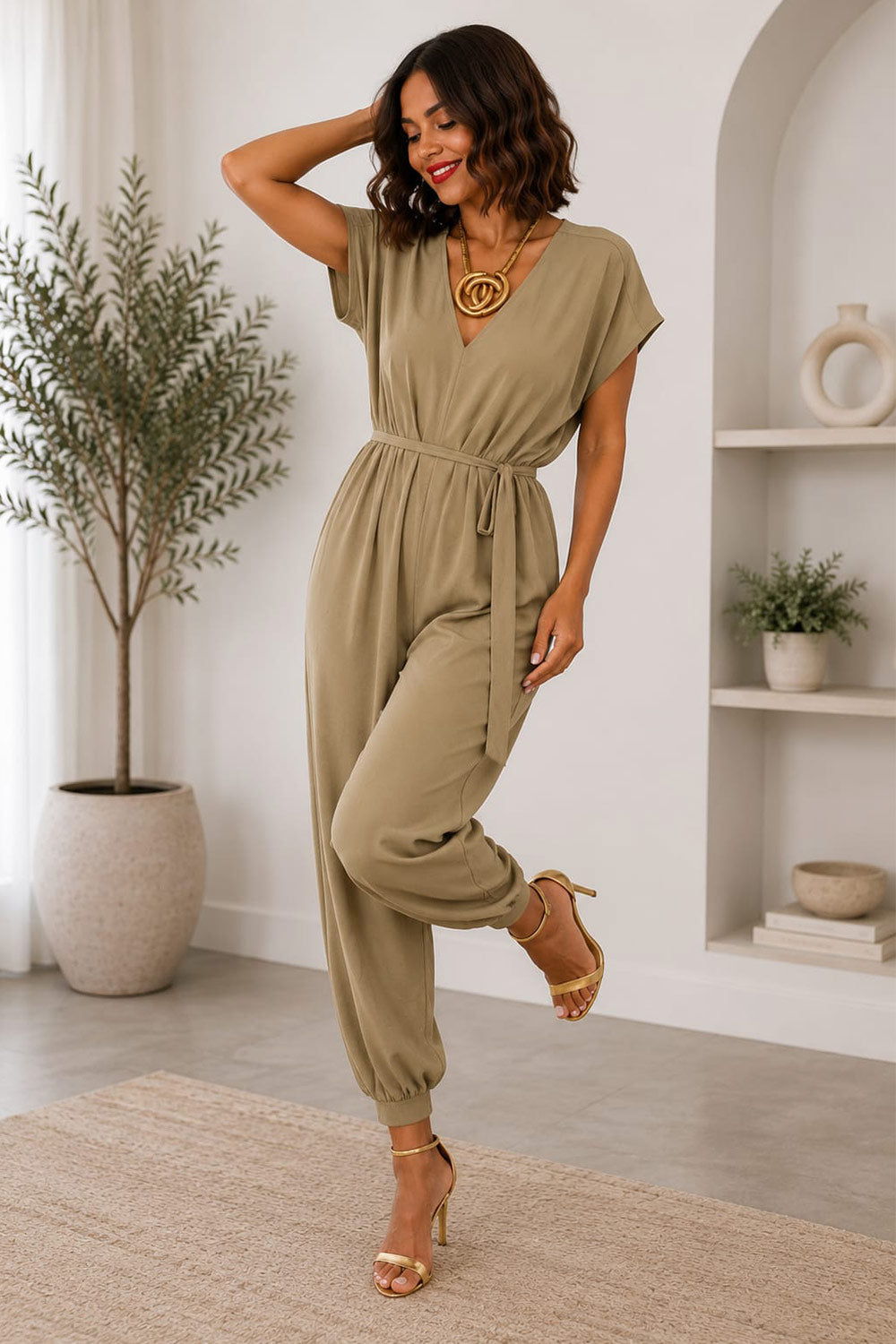 Ladies V Neck Tie Up Jumpsuit