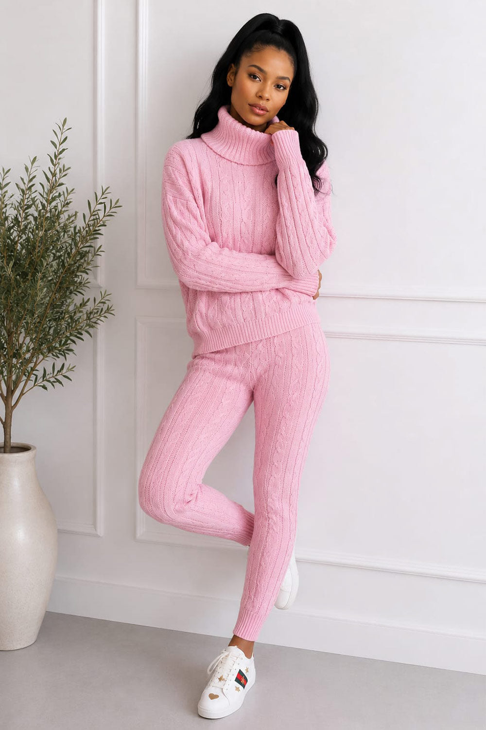 Ladies Chunky Knitted Ribbed Polo High Neck Top Leggings Loungewear Suit Set