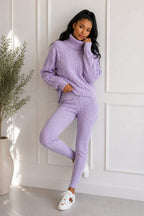 Ladies Chunky Knitted Ribbed Polo High Neck Top Leggings Loungewear Suit Set