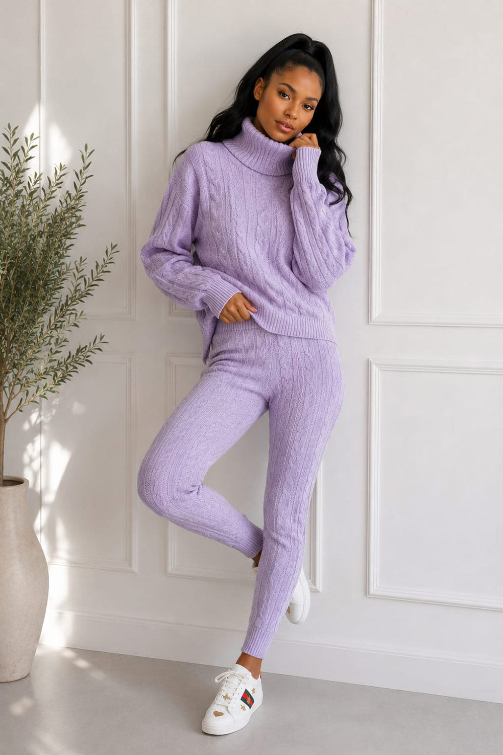 Ladies Chunky Knitted Ribbed Polo High Neck Top Leggings Loungewear Suit Set