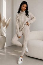 Ladies Chunky Knitted Ribbed Polo High Neck Top Leggings Loungewear Suit Set