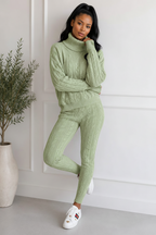 Ladies Chunky Knitted Ribbed Polo High Neck Top Leggings Loungewear Suit Set
