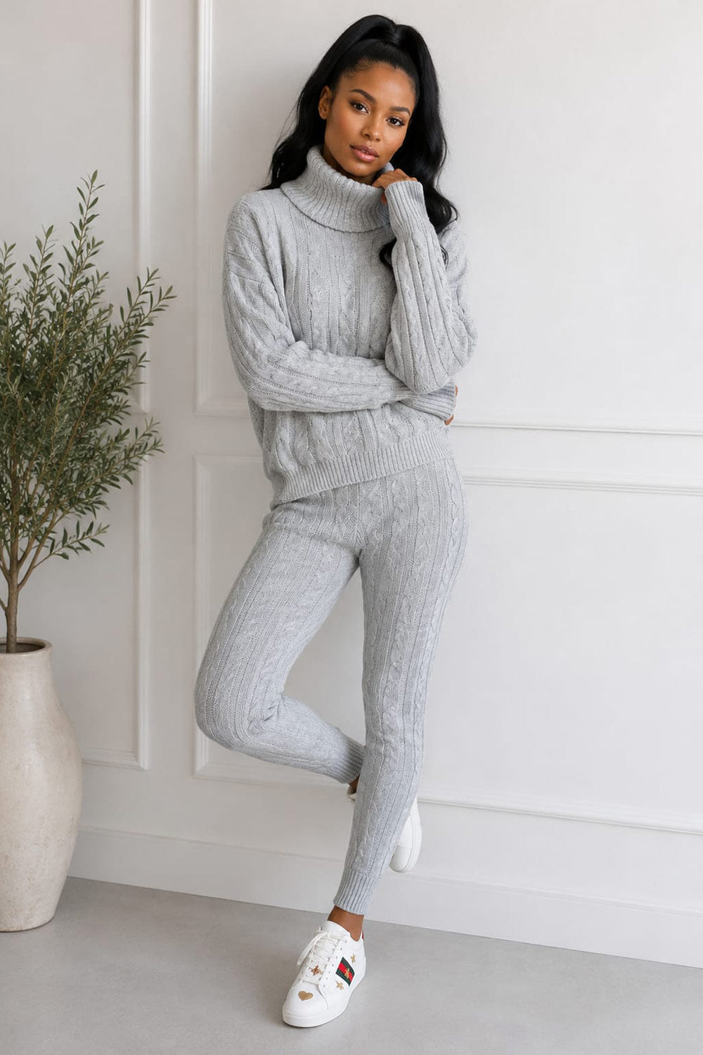 Ladies Chunky Knitted Ribbed Polo High Neck Top Leggings Loungewear Suit Set
