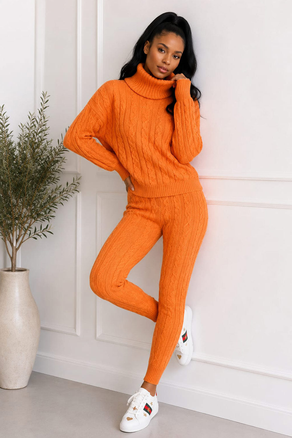 Ladies Chunky Knitted Ribbed Polo High Neck Top Leggings Loungewear Suit Set