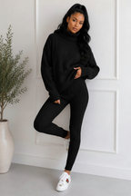 Ladies Chunky Knitted Ribbed Polo High Neck Top Leggings Loungewear Suit Set
