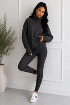 Ladies Chunky Knitted Ribbed Polo High Neck Top Leggings Loungewear Suit Set