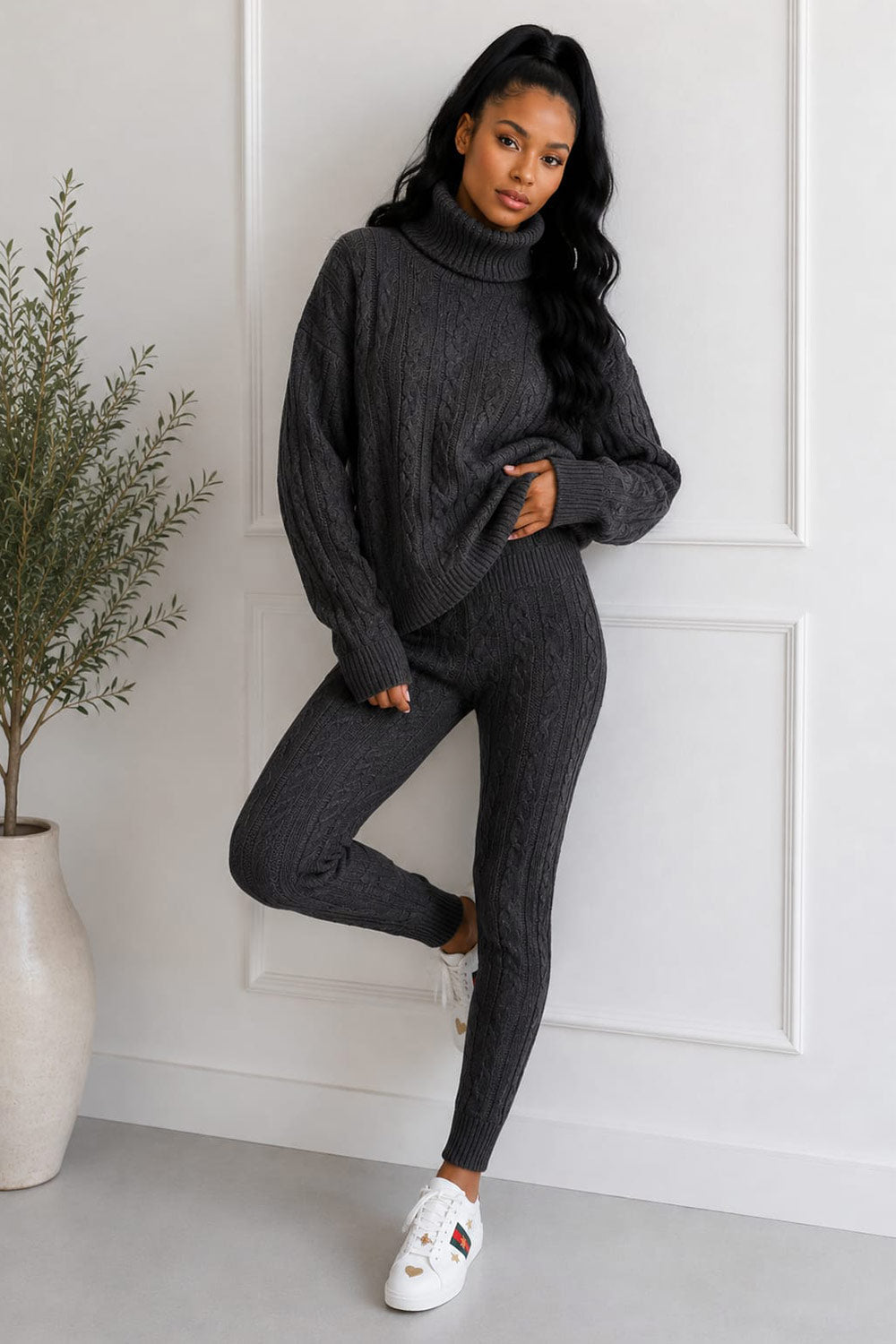 Ladies Chunky Knitted Ribbed Polo High Neck Top Leggings Loungewear Suit Set