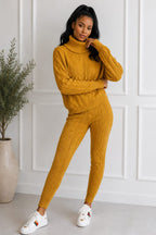 Ladies Chunky Knitted Ribbed Polo High Neck Top Leggings Loungewear Suit Set