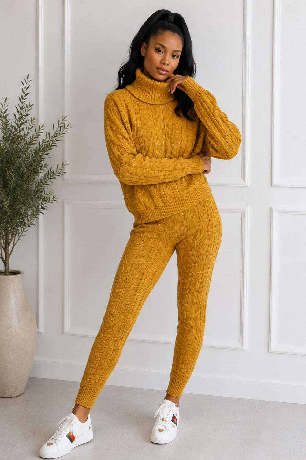 Ladies Chunky Knitted Ribbed Polo High Neck Top Leggings Loungewear Suit Set