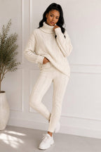 Ladies Chunky Knitted Ribbed Polo High Neck Top Leggings Loungewear Suit Set