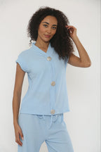 V-Neck Cheesecloth Gold Button Top & Wide Leg Trouser Co-Ord Suit