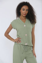 V-Neck Cheesecloth Gold Button Top & Wide Leg Trouser Co-Ord Suit