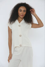 V-Neck Cheesecloth Gold Button Top & Wide Leg Trouser Co-Ord Suit